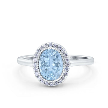 Halo Art Deco Oval Wedding Bridal Ring Simulated Aquamarine CZ 925 Sterling Silver